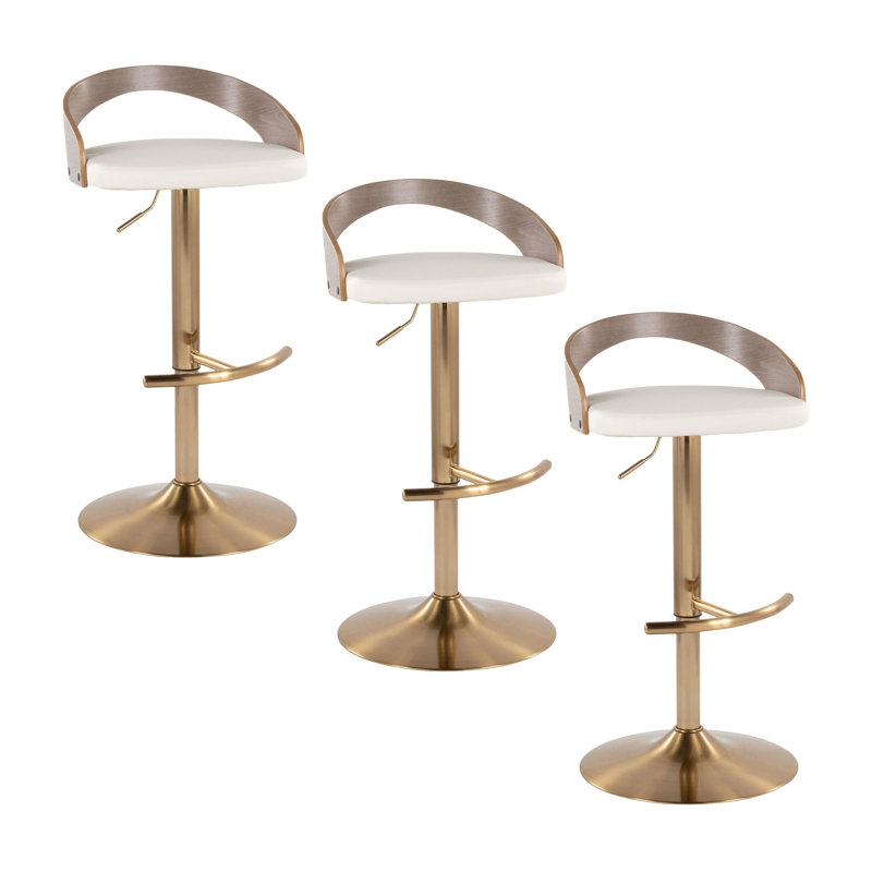 Tabouret réglable avec pivot en métal doré, bois gris clair et similicuir blanc avec repose-pieds arrondi en T - ensemble de 3