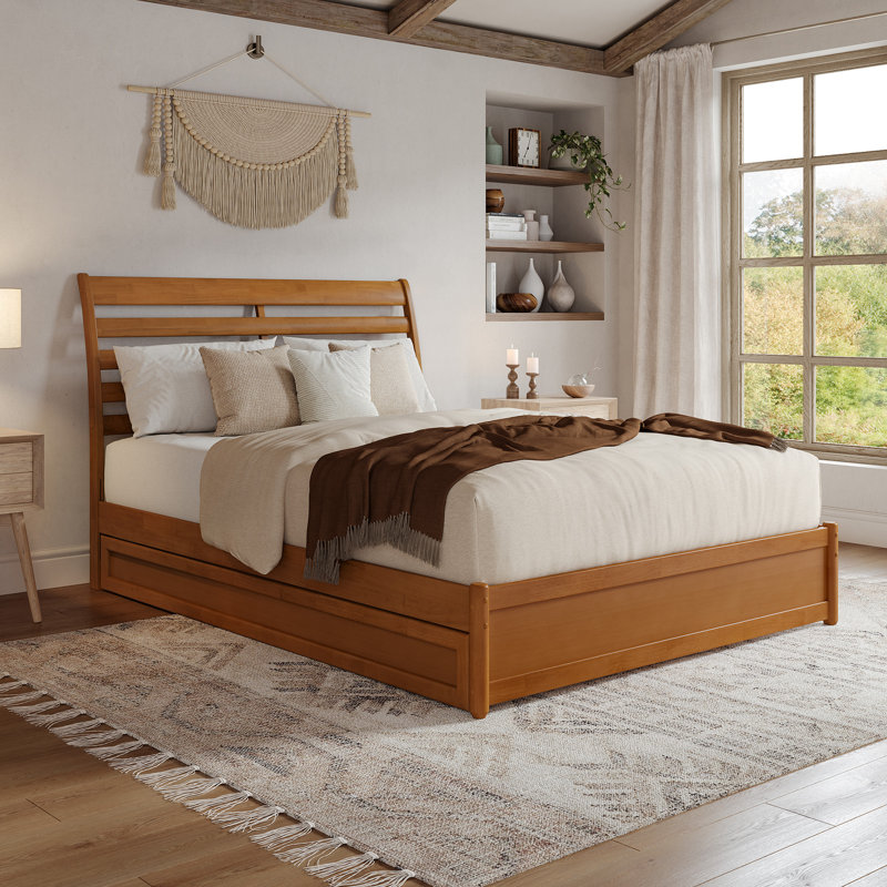 Lamareon Solid Wood Platform Bed with Footboard & Roll Out Trundle Bed, Queen, Light Toffee