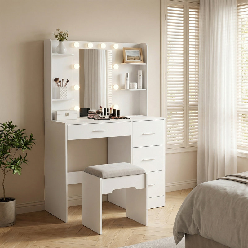 White Vanity Desk with LED Mirror & Storage