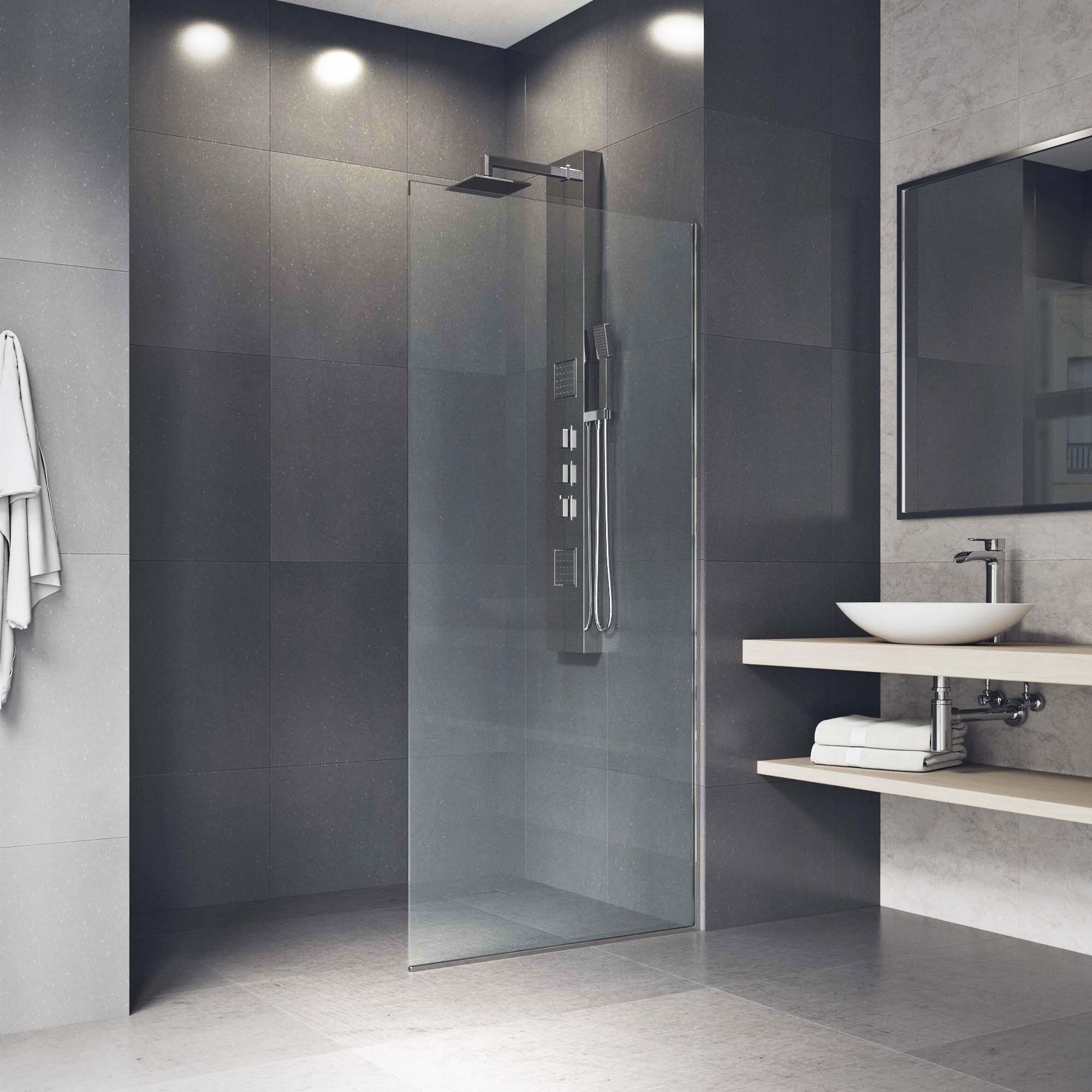 Zenith 34" W x 74" H Fixed Frameless Shower Screen with 3/8" Glass, Stainless Steel Clear