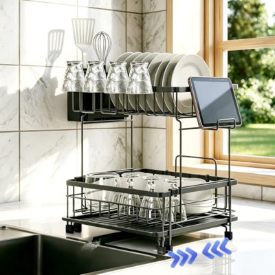 JOKKOL 2 Tier Foldable Expandable Dish Drying Rack with Utensil Holder & Phone Holder, Over Sink Large Capacity Countertop Dish Dryer Organizer for Kitchen