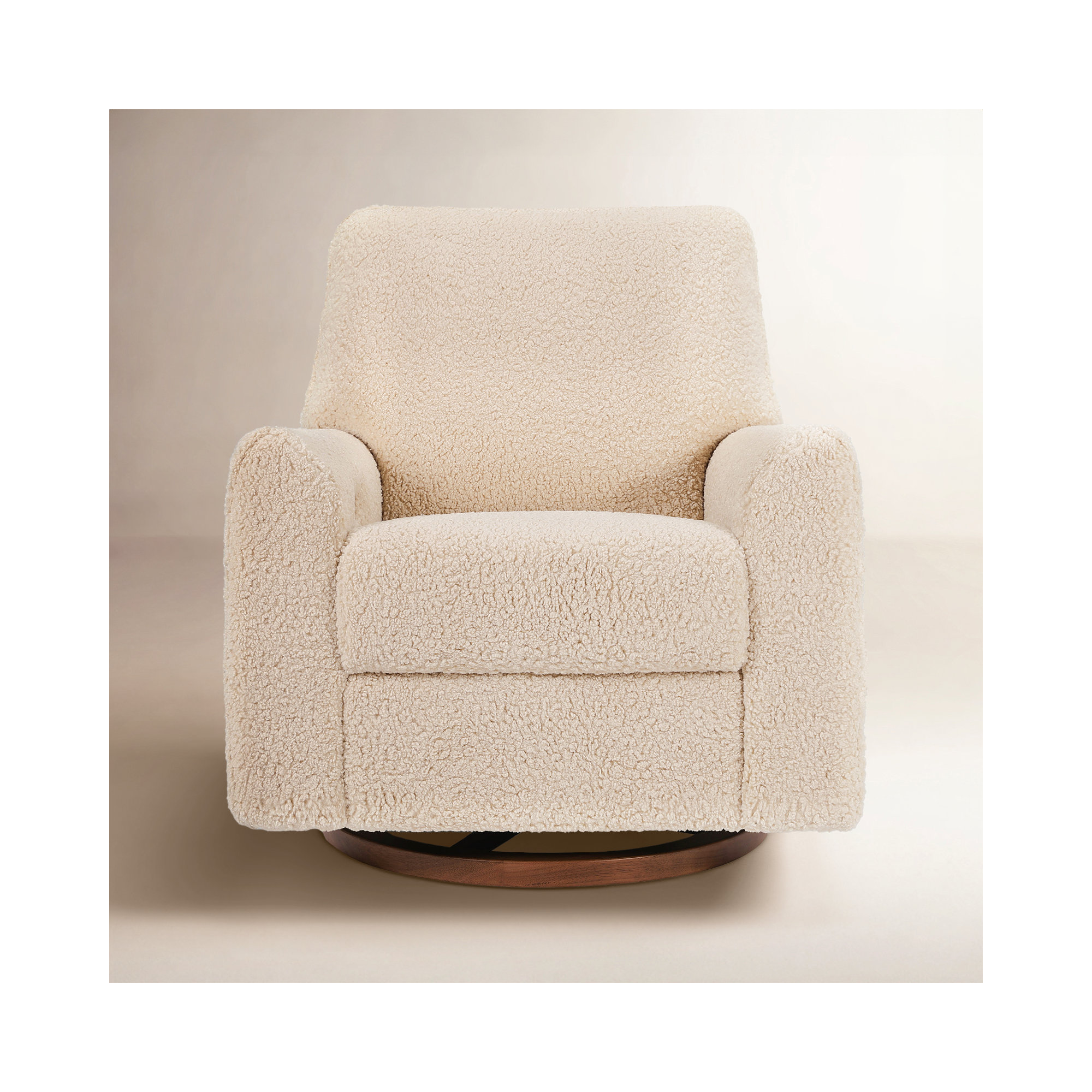 Sunday Power Reclining Swivel Glider, Beige Sherpa, Dark Wood