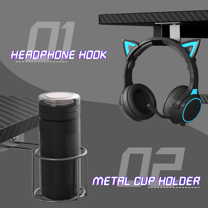 Carbon Fiber Black L-Shaped Gaming Desk with Monitor Stand and LED Lights