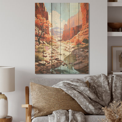 «Desert Canyon Water Stream», art mural en bois de pin sur bois de pin naturel