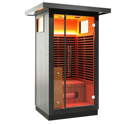Sauna infrarouge d'extérieur à spectre complet pour 1 personne, contrôle Wi-Fi et système imperméable en alliage d'aluminium durable, saunas de maison en bois de pruche du Canada, haut-parleurs, bar à oxygène, lumière