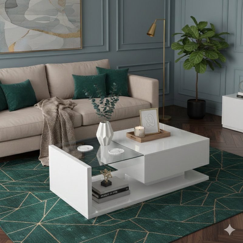 Table basse moderne avec verre trempé, table centrale en bois avec surface UV ultrabrillante, table centrale moderne à 2 niveaux pour le salon, finition blanche