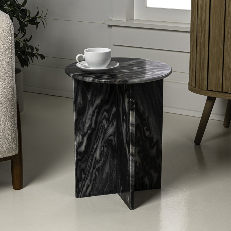 Javier Minimalist 17.75" Round Solid Black/Grey Marble End Table, Geometric Cross Base Glossy Accent Side Table for Living Room & Bedroom