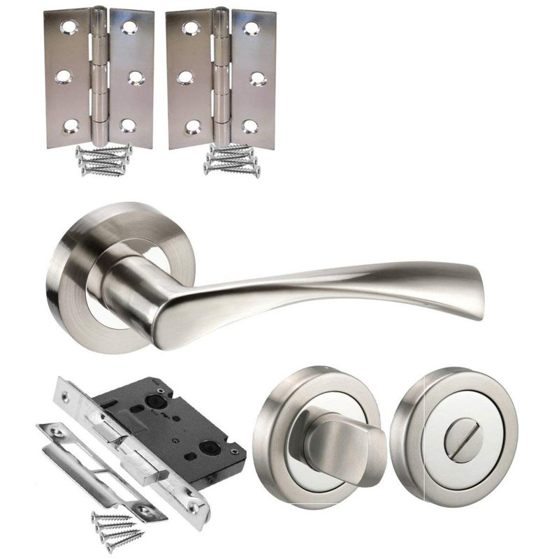 Astrid Design Modern Bathroom Door Handles in Dual Finish with Pair of Hinges, Latch and Installation Hardware