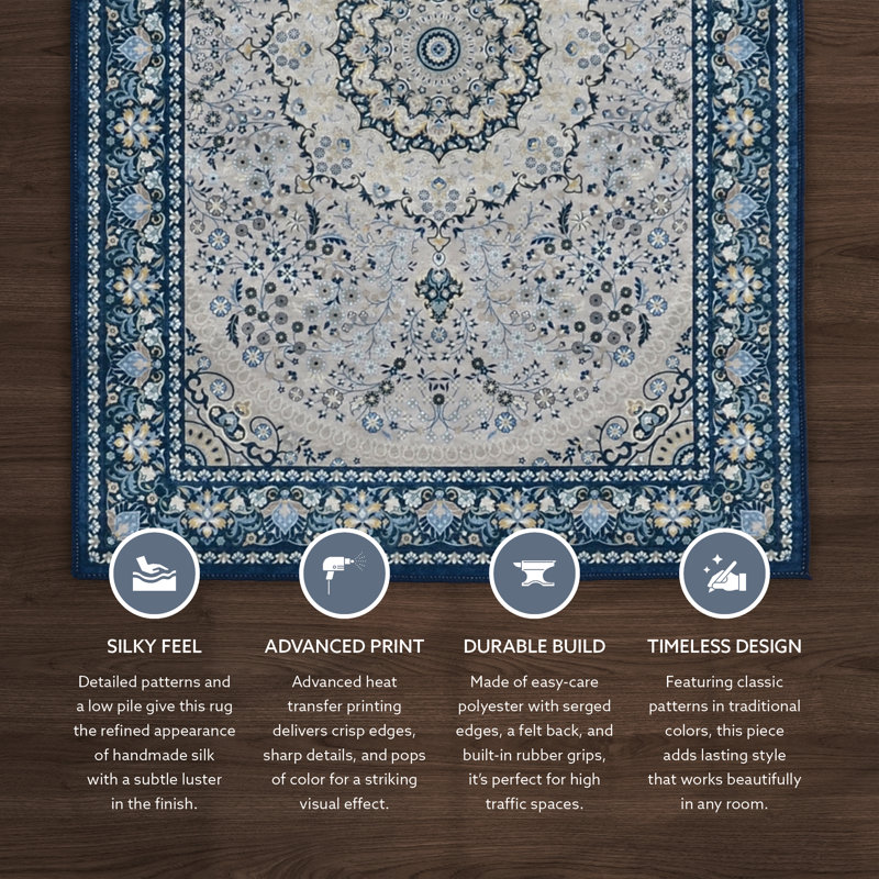 Emanuel Traditional Machine Woven Flatweave Cream and Blue Area Rug with Non Skid Backing, Rectangle 6'7" X 9'7"