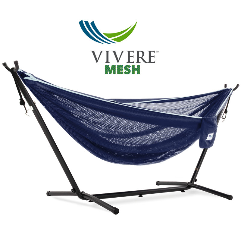 Vivere Goffe Double Classic Mesh Hammock with Stand and Carry Bag (400 lb Capacity), Navy/Turquoise