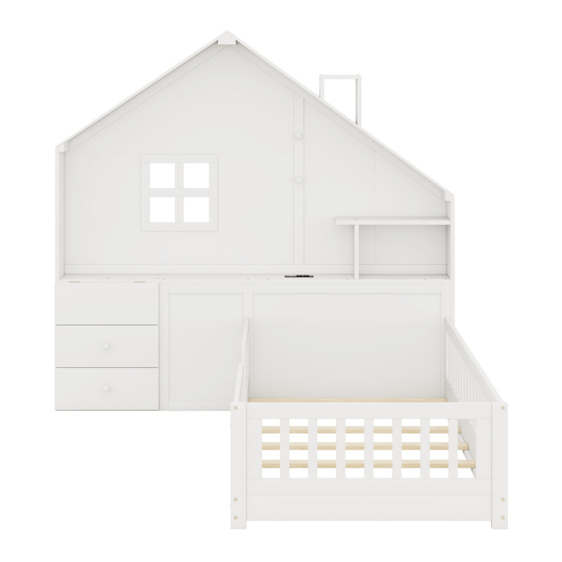 House Bed With Window And Bedside Drawers, Platform Bed With Shelves And A Set Of Sockets And USB Port
