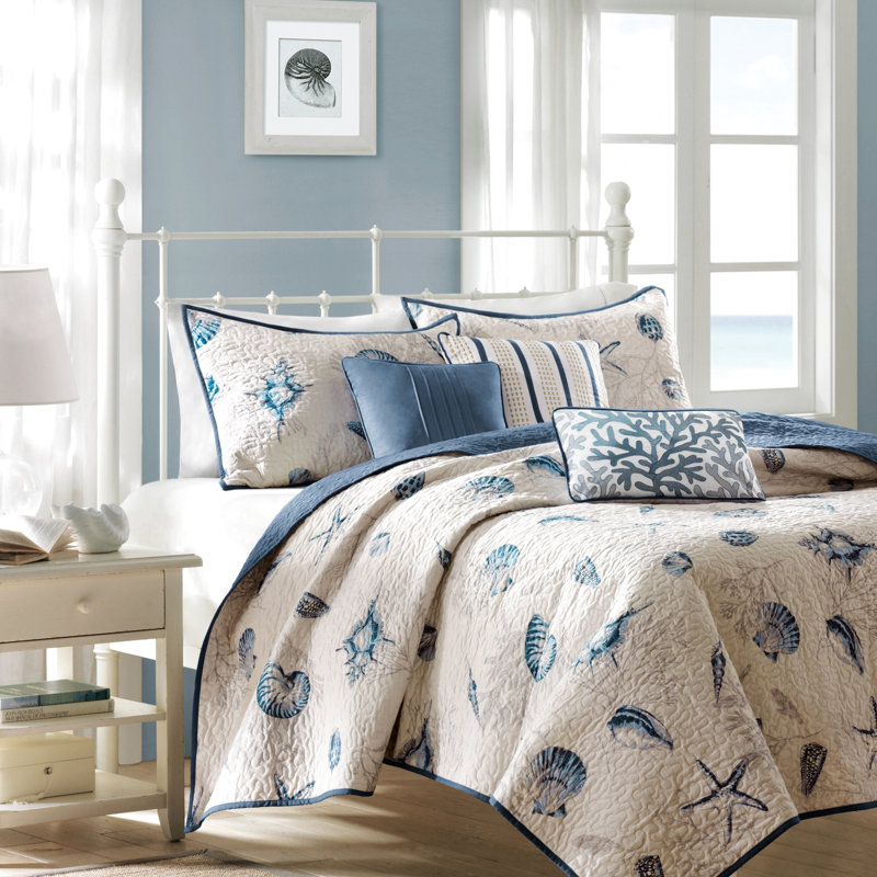 Blue Microfiber Quilt - Twin/Twin Xl With Coral Pattern And Shells