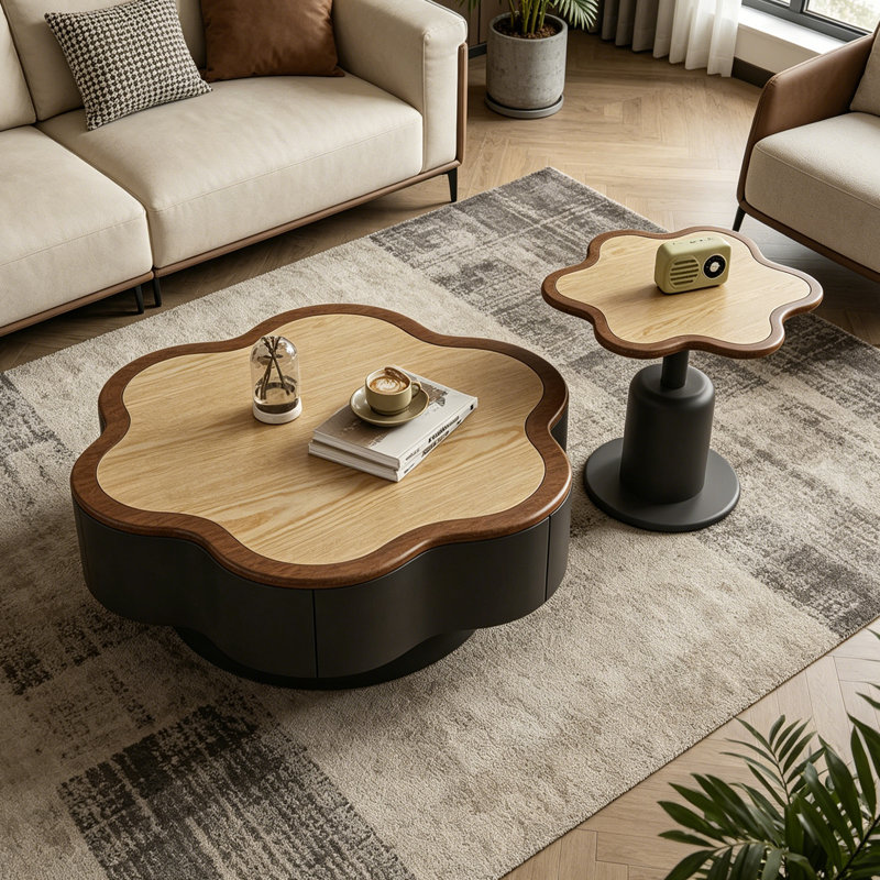 Table basse à pétales rétro français, 13" H x 31.49" L x 31.49" W, Black/Burlywood/NutBrown
