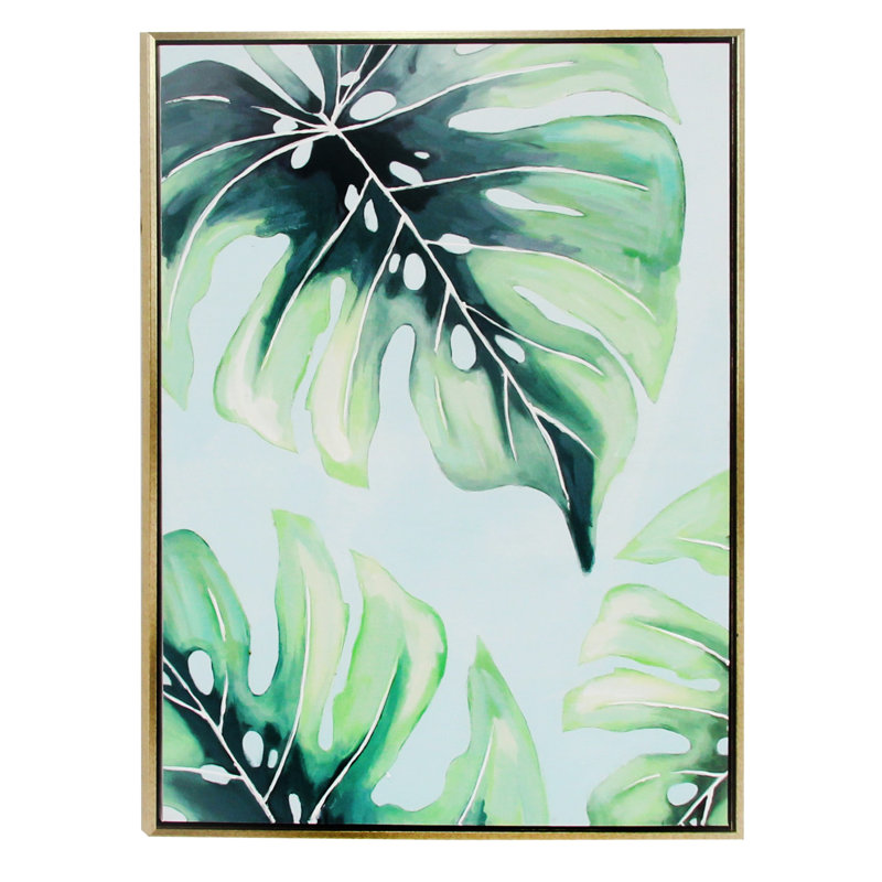 Green Monstera Leaf Abstract Canvas Wall Art with Gold Frame