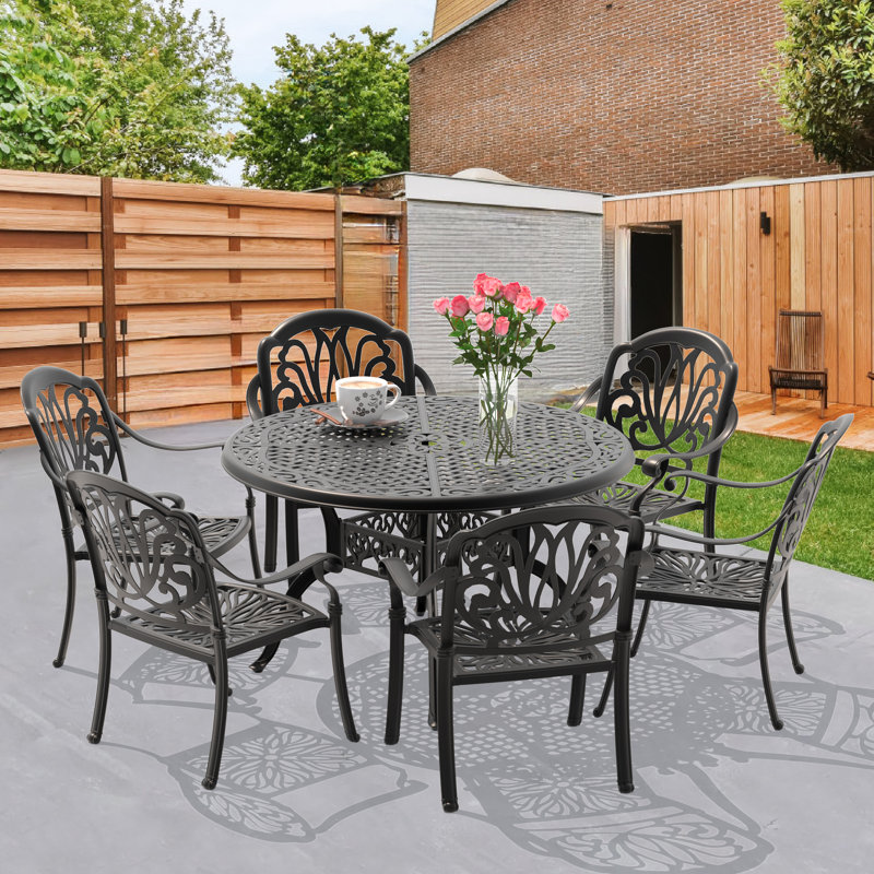 Dheftera 48.03-inch Round Cast Aluminum Outdoor Dining Set with Umbrella Hole and Brown Cushions, 6