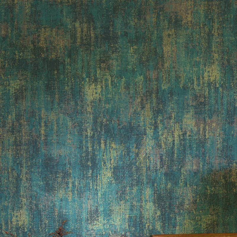 Papier peint rétro bleu / bleu sarcelle / doré texturé - non tissé, non collé, style industriel moderne