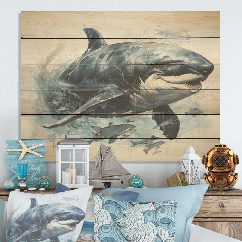 «Breaching Whale I» - panneau mural en bois de requin sur bois de pin naturel, H 10 po x l 20 po