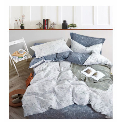 Ensemble de housse de couette réversible en coton standard bleu / blanc 3 pièces Jaidan