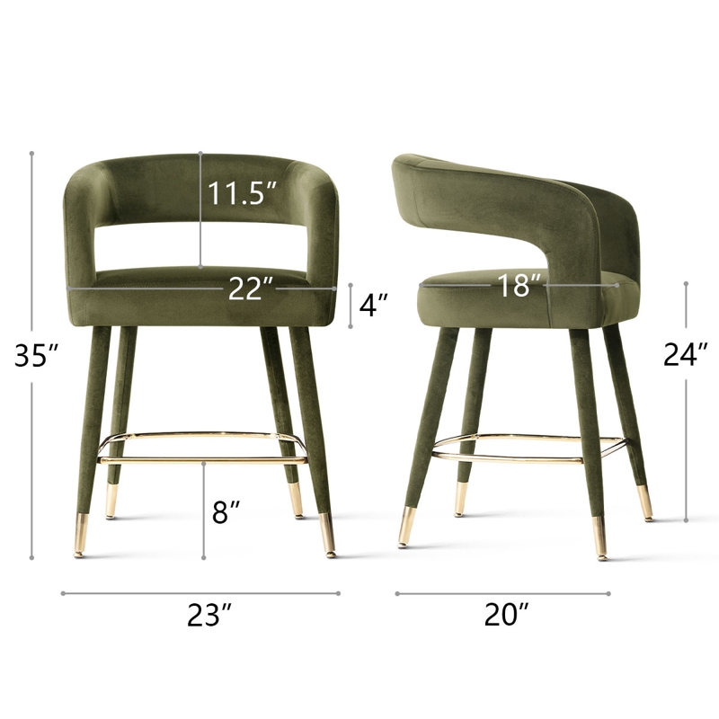 Velvet Upholstered Counter Height Bar Stools With Gold Footrest, 24" Kitchen Island Counter Stool, Green