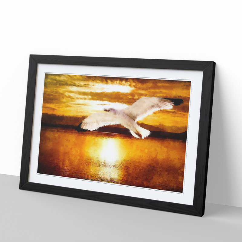 Seagull and Orange Sunset Vol.1 - Picture Frame Graphic Art, Black Framed, 36cm H x 48cm W x 2cm D