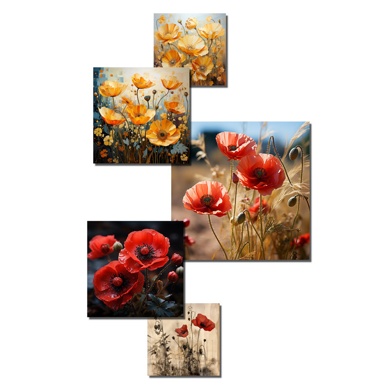 «Yellow Vivid Poppy Moments» - ensemble d'art mural 6 coquelicots