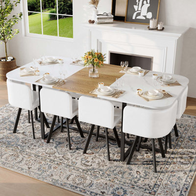 Ensemble de table de salle à manger 9 pièces rectangulaire, plateau fixe en faux marbre et grain de bois blanc