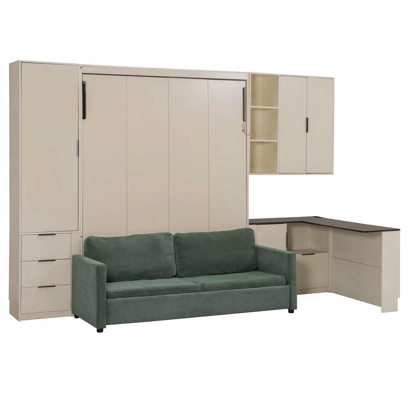 Grand lit escamotable mural avec rangement hydraulique, canapé, tablettes et tiroirs, éclairage DEL / USB, panneau crème, canapé vert