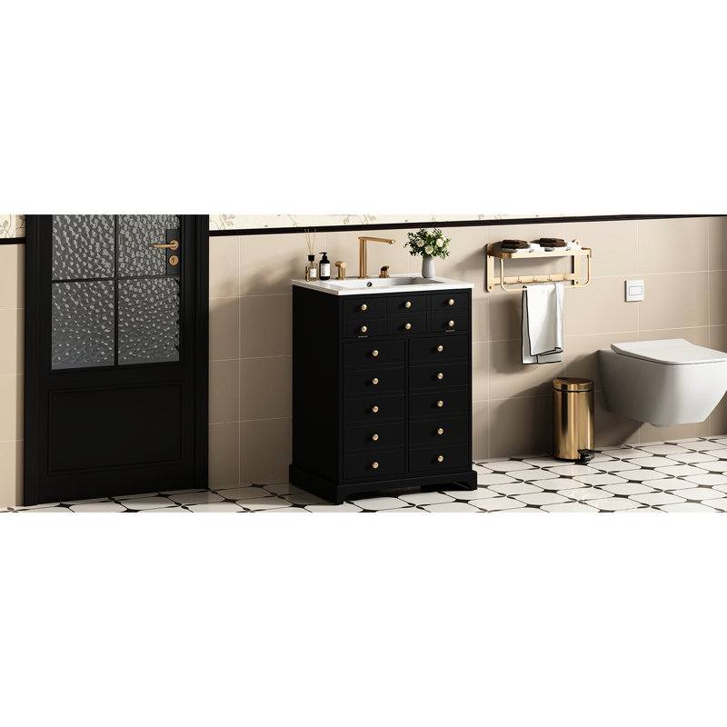 Meuble-lavabo de 24 po avec fonctions de rangement diverses, design contemporain, lavabo, finition lisse, assemblage rapide et frustré avec portes à tiroir, bois massif moderne, compartiments organisés en teinture