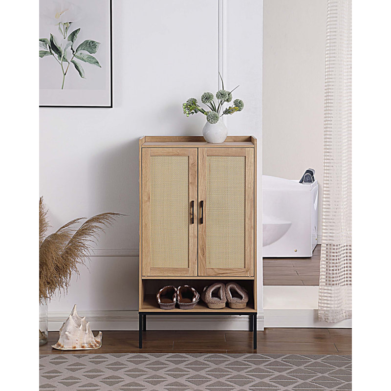 Range-chaussures en bois, armoire à chaussures avec portes en rotin, armoire de rangement à chaussures à 5 niveaux avec tablettes ouvertes