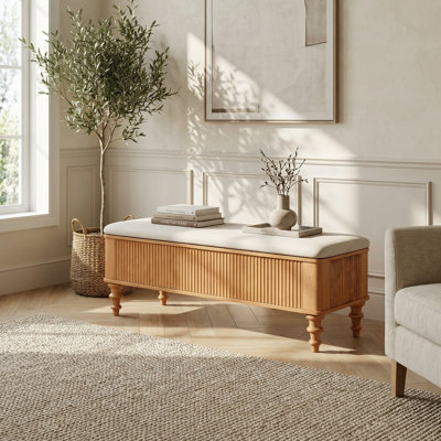 Banc de rangement multi-fonctionnel avec revêtement en lin et structure en bois massif pour l'organisation de la chambre à coucher, du salon et du vestibule