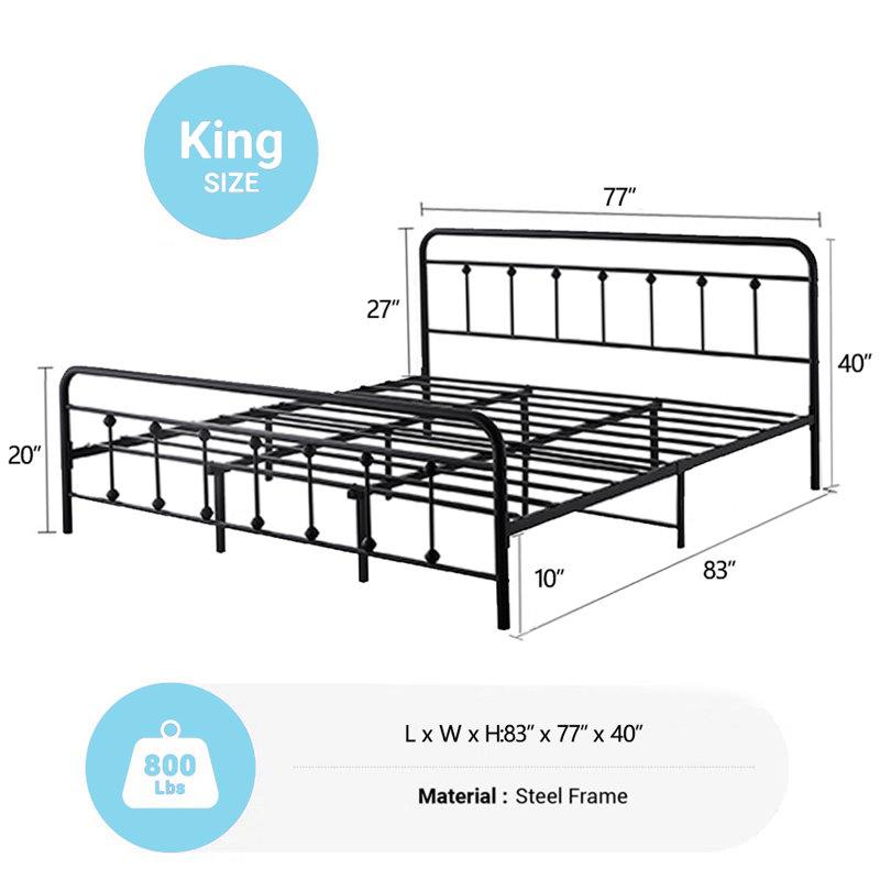 Base de lit en métal Blancha avec tête de lit rétro, aucun sommier nécessaire, Très grand