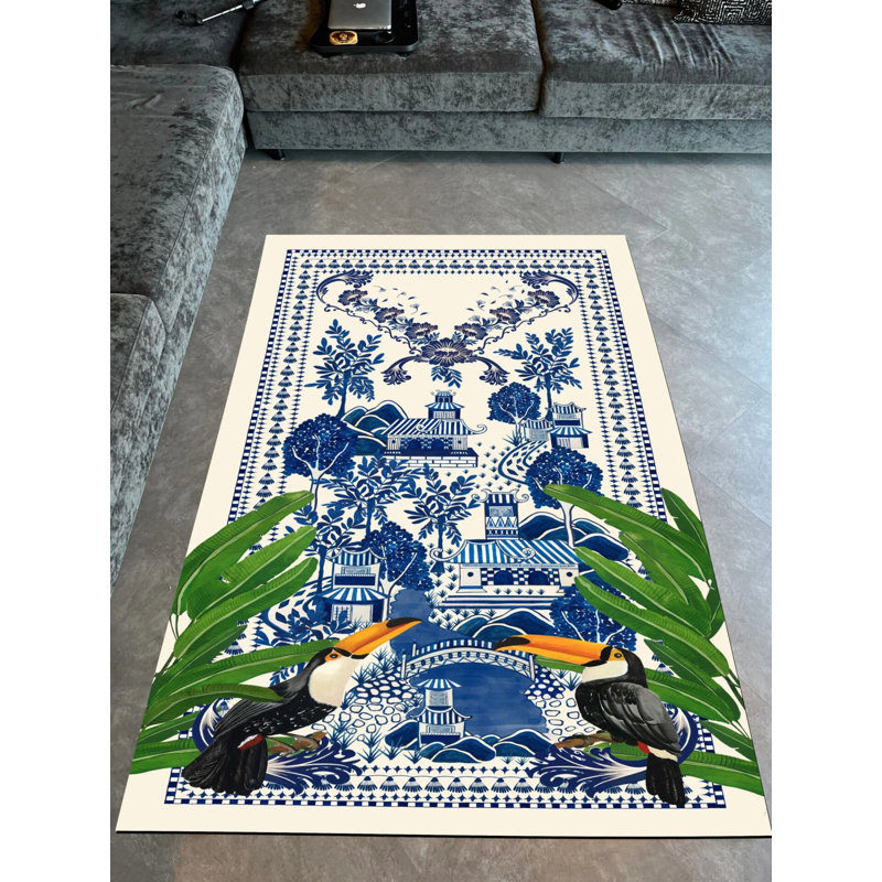 Tapis bleu marine en polypropylène tissé à la machine Skila, Rectangle 3 pi 11 po x 5 pi 11 po