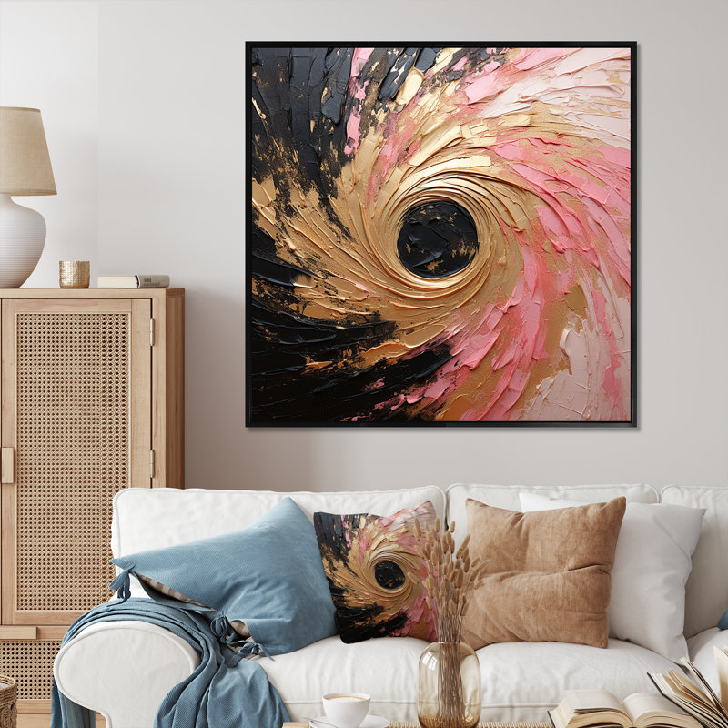 Minimalism Vortex Pink Poteries - Abstract Spirals Canvas Wall Art, Black Floater Framed, 16" H x 16" W x 1" D