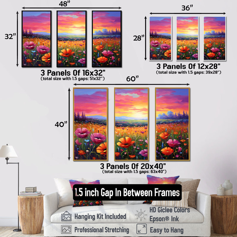 «Calming Pastel Horizon Flowers Fields I», ensemble de reproductions d'art mural, Cadre naturel flottant