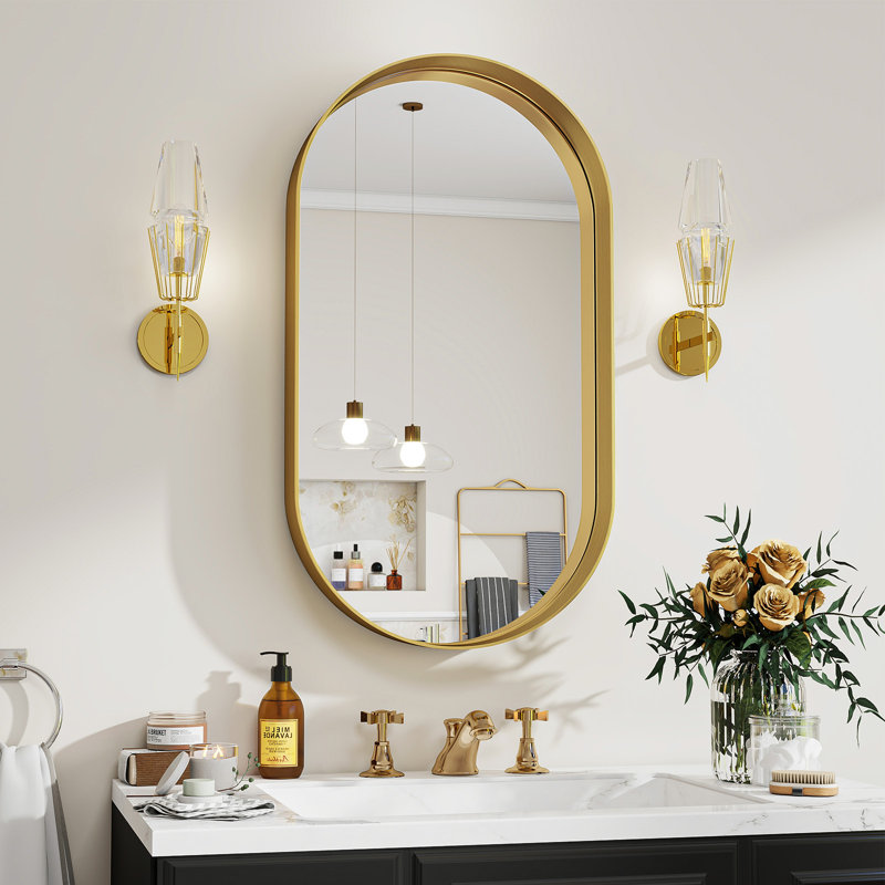 Mordern-Design Oval Deep Framed Waterproof Bathroom Mirror, Gold, 22" x 38"