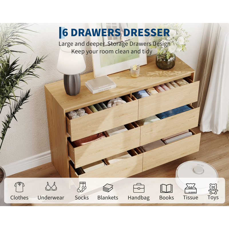 Farmhouse 6-Drawer Dresser, 47" Handle-less Chest with Natural Oak Finish & Push Open Mechanism, Retro Brown