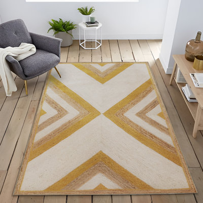 Yellow-Beige Themed Geometric Triangle Patterned Modern Decorative Rug