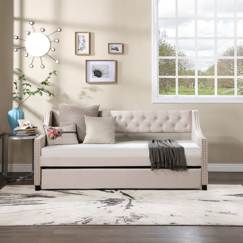 Twin Size Upholstered Daybed with Trundle,Sturdy Wood Bedframe w/ Bedframe Tufted Button, Light Gray, Twin