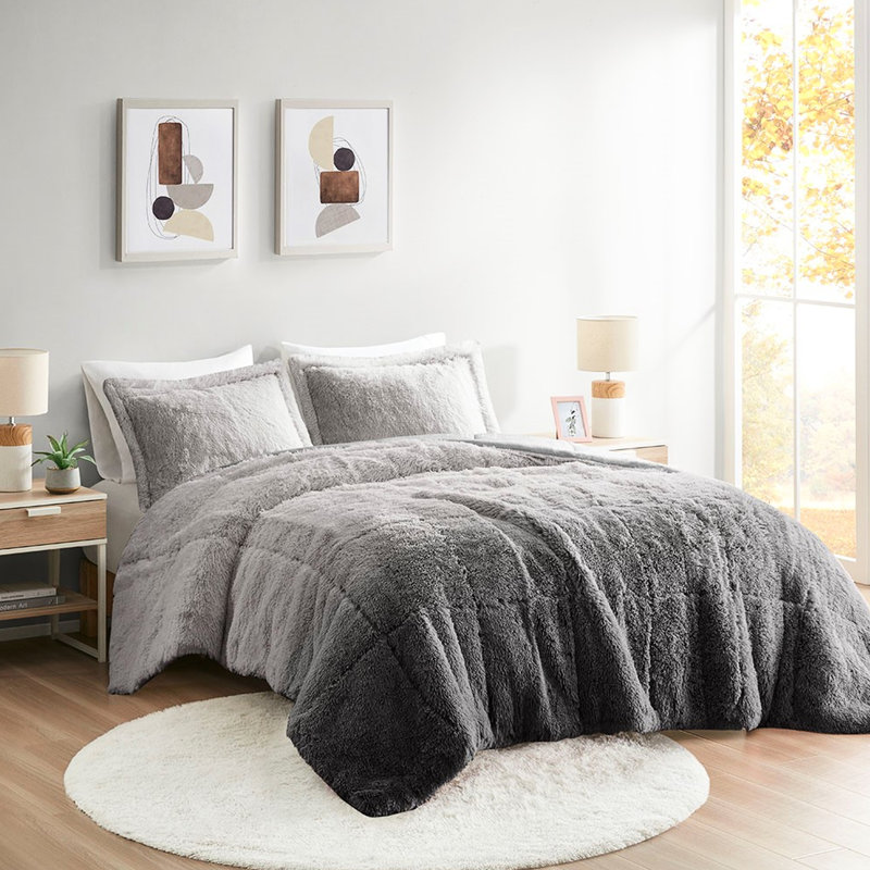 Full/Queen Grey Ombre Shaggy Comforter With Matching Shams, Warm Reverse,