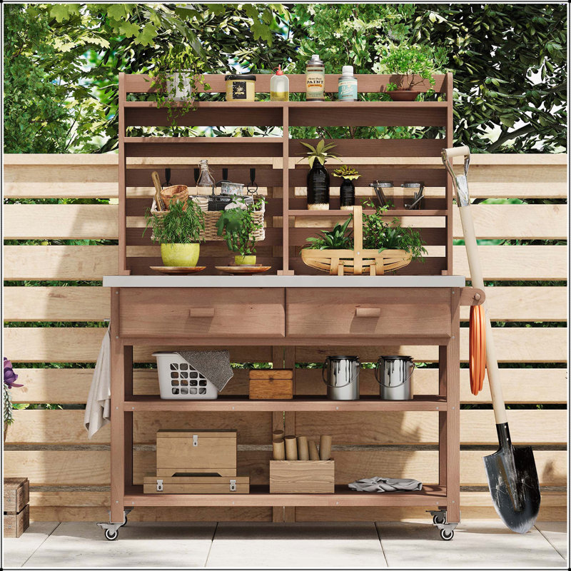 Banc de rempotage polyvalent pour l'extérieur avec roulettes verrouillables et plusieurs options de rangement, Brun