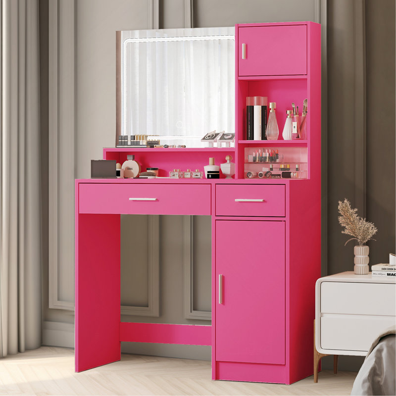 Bureau de coiffeuse avec miroir et bande lumineuse à DEL, coiffeuse avec grand tiroir, commode de rangement à 3 niveaux et 3 modes d'éclairage à luminosité réglable