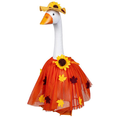 Statue de porche en métal avec tenue de feuilles d'automne Giddy The Goose, 21 po H