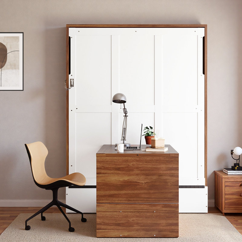 Lit escamotable avec bureau pliable Murphy, Blanc/noyer