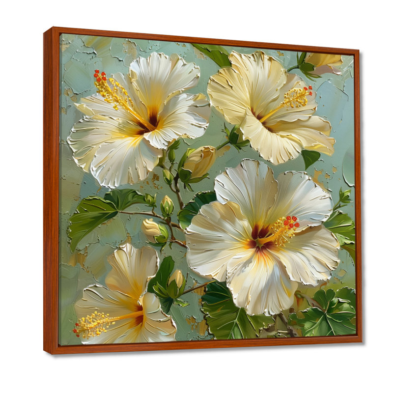 Hibiscus blanc et vert, Toile avec cadre flottant brun, H 30 po x l 30 po x P 1 po