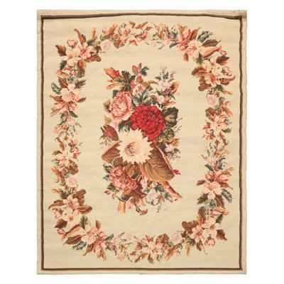 Tapis floral ivoire français en laine tissé à la main 4 x 5