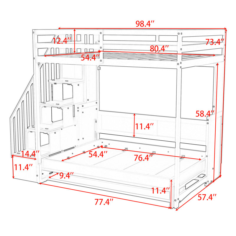 Lit mezzanine double au-dessus d'un lit double avec bureau et élévateur hydraulique, gris