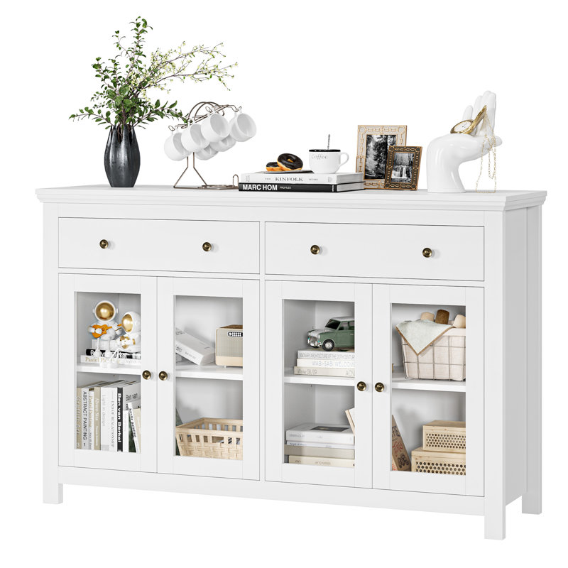 Buffet moderne en bois avec 2 portes et 2 tiroirs Dasir, Blanc, bronze