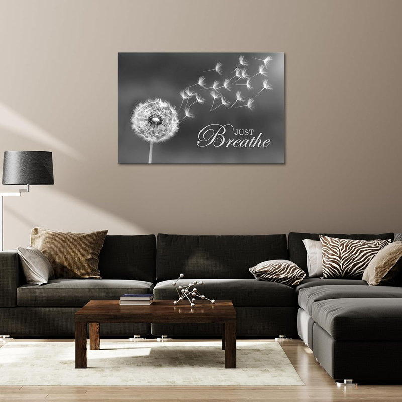 Black and White Dandelion Zen Wall Art Canvas Just Breathe Motivation Positive Picture Art Print for Spa Yoga Meditation Wall Decor Ready to Hang (12L x 16W)