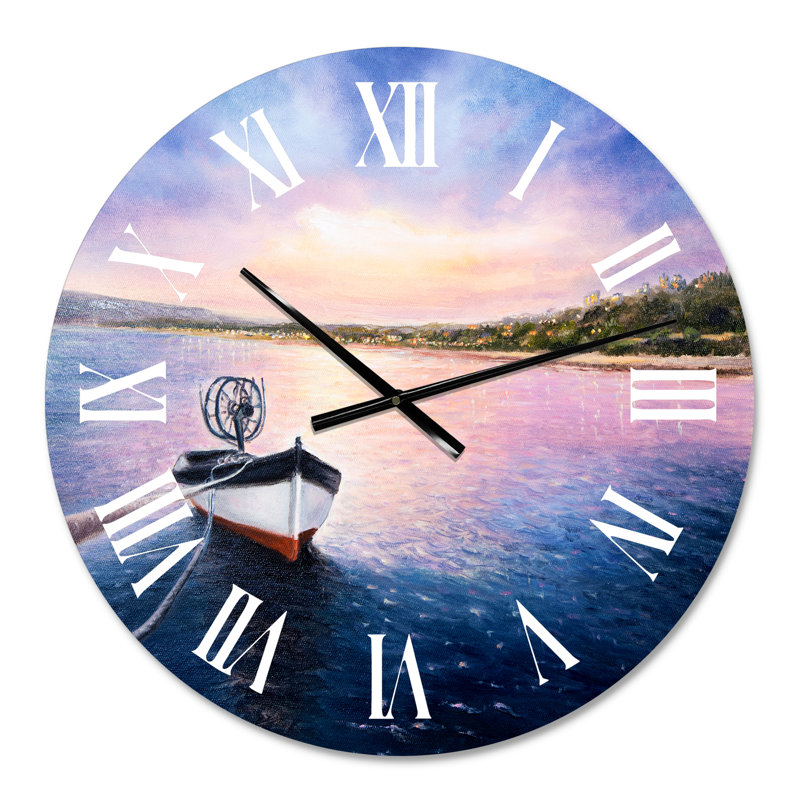 Bateau de pêche en rose et bleu Morning Glow - horloge murale nautique et côtière, Petit