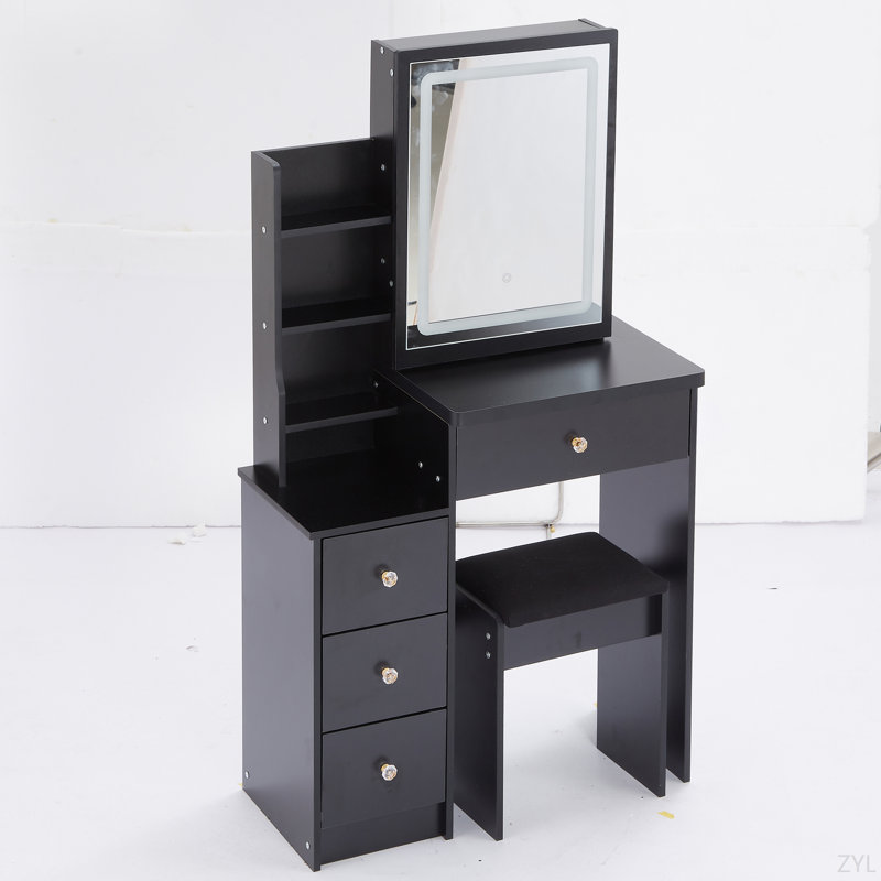 Table de coiffeuse gauche 29,2 po avec tabouret rembourré de petite taille et grande taille, commande tactile, interrupteur tricolore, miroir à luminosité réglable, rangement grande capacité, convient aux petits espaces